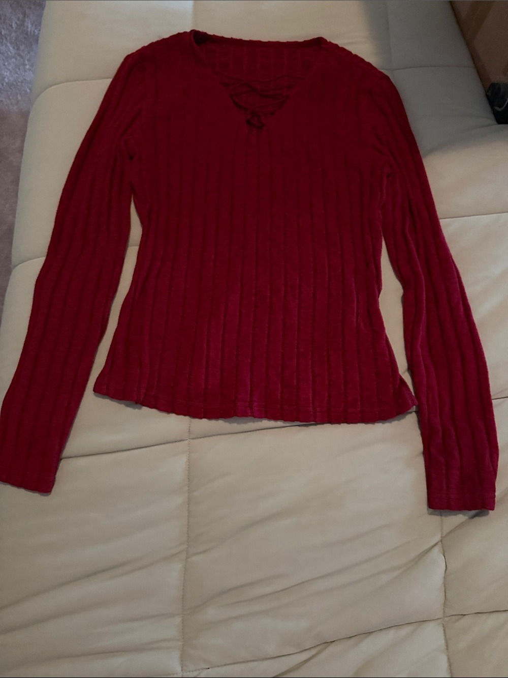 #0117 Ribbed Lace-Up V-Neck Long Sleeve Top - Red NWT S